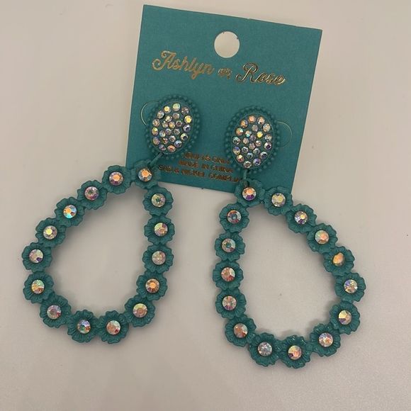 Ashlyn Rose Turquoise Rhinestone Encrusted Statement Earrings New - Picture 2 of 7
